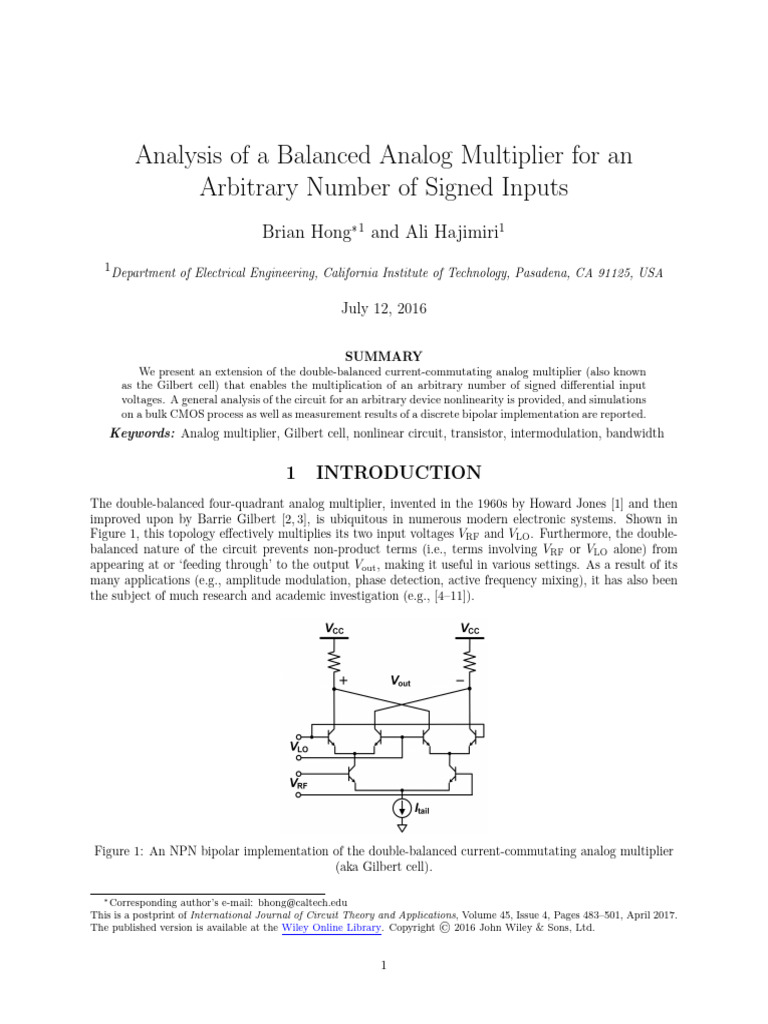 Balanced gilbert cell Analog Multiplier | PDF | Mosfet | Bipolar ...