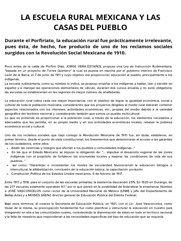 La Escuela Rural Mexicana y Las Casas Del Pueblo | PDF | México | Escuelas