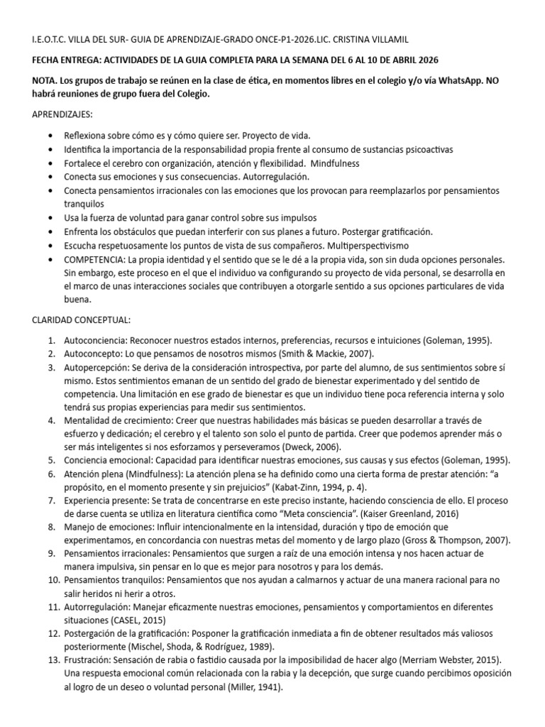 Guia de Aprendizaje Once 1p 2026 Marzo 15 | PDF | Las emociones ...