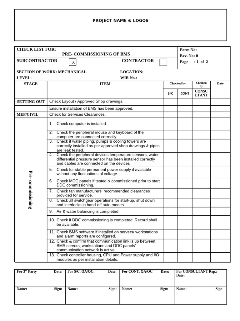 Checklist for Pre Commissioning of BMS | PDF | Electrical Wiring ...