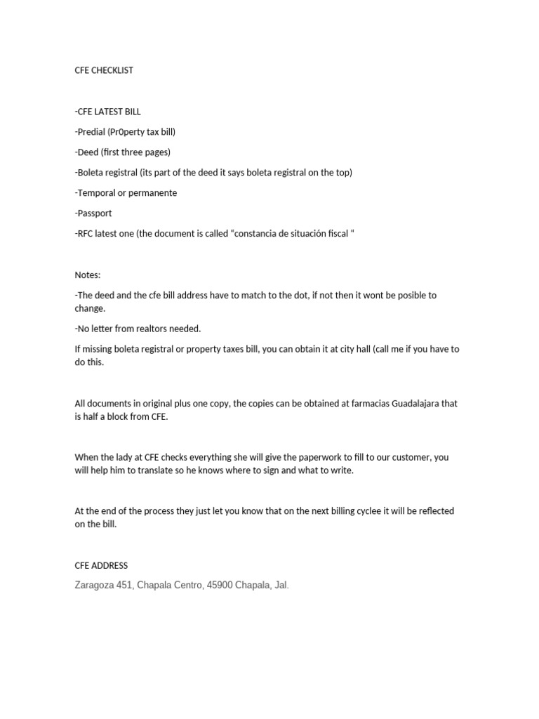 Cfe Checklist | PDF