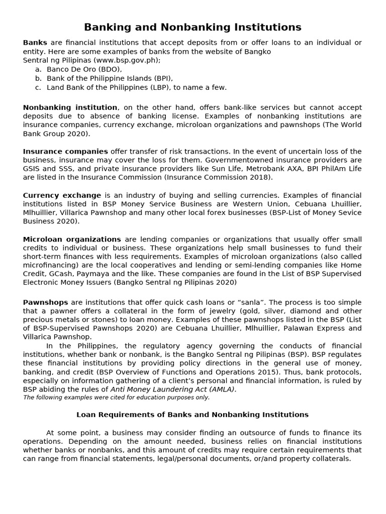 HO1-BANKING-AND-NON-BANKING-INSTITUTIONS | PDF | Banks | Pawnbroker