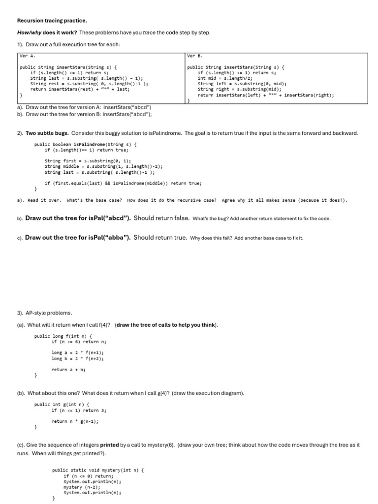 Recursion d2 - Tracing Practice | PDF | Computer Programming | Software ...