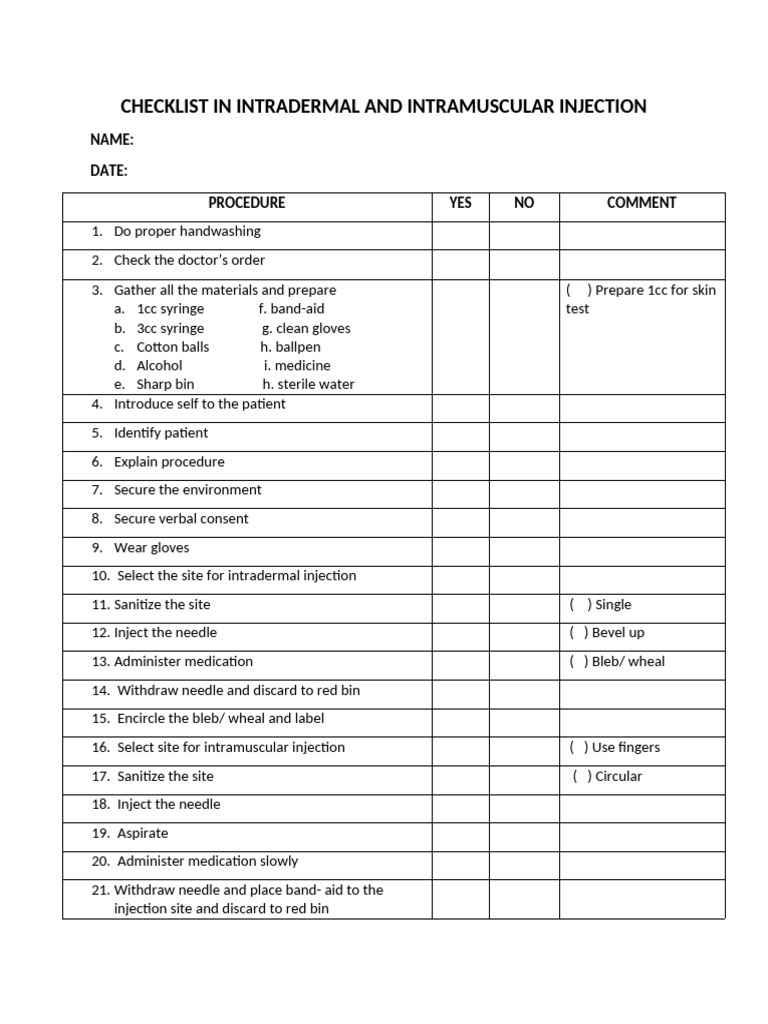 Checklist in Intradermal and Intramuscular Injection | PDF