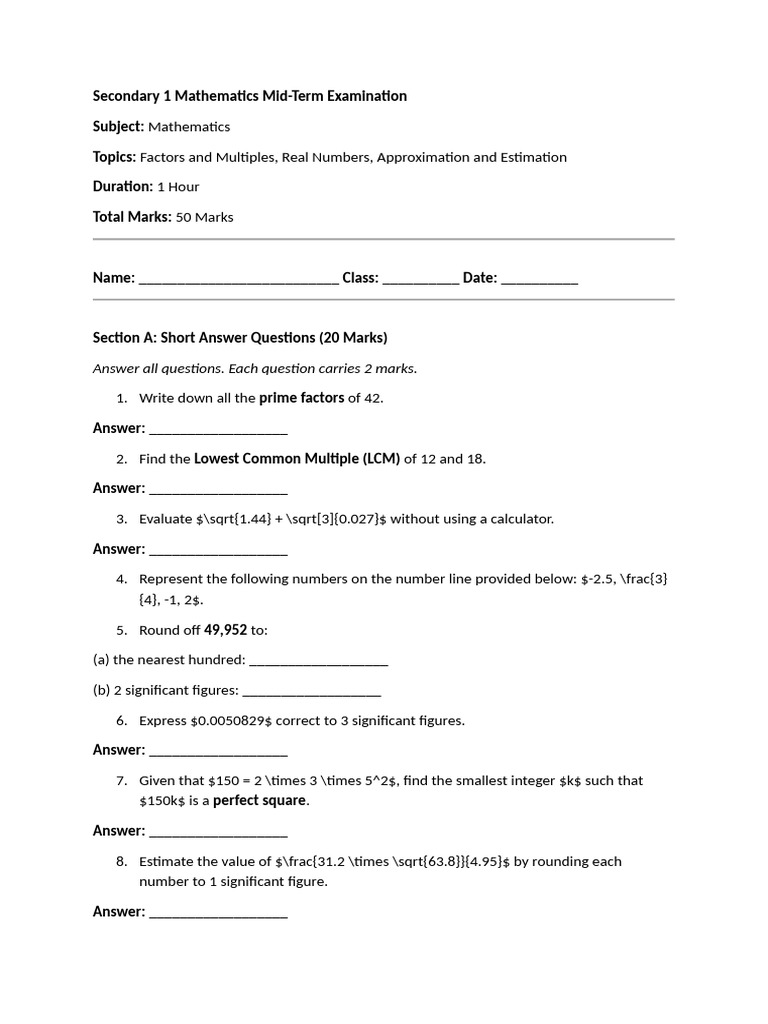Secondary 1 Mathematics Mid | PDF | Numbers | Mathematical Objects