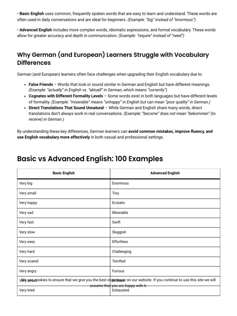 Basic vs Advanced English_ 100 Vocabulary Examples | PDF | Vocabulary ...