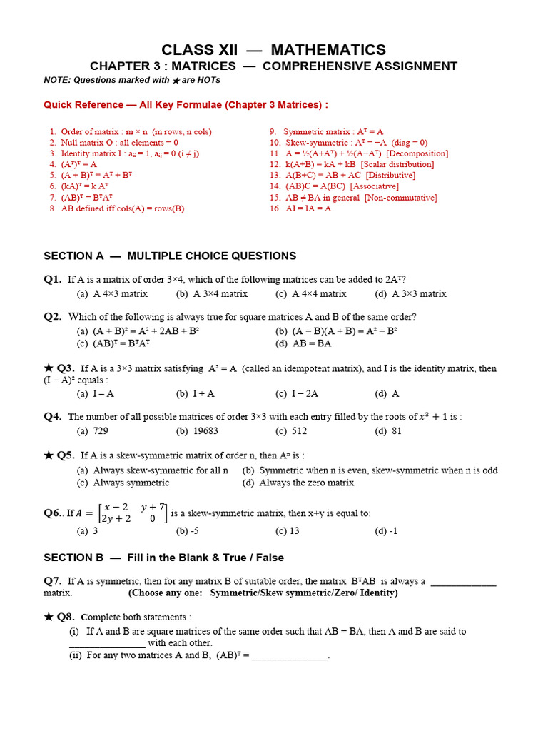 Chapter Assignment (Ch-3 Matrices) | PDF | Matrix (Mathematics) | Algebra