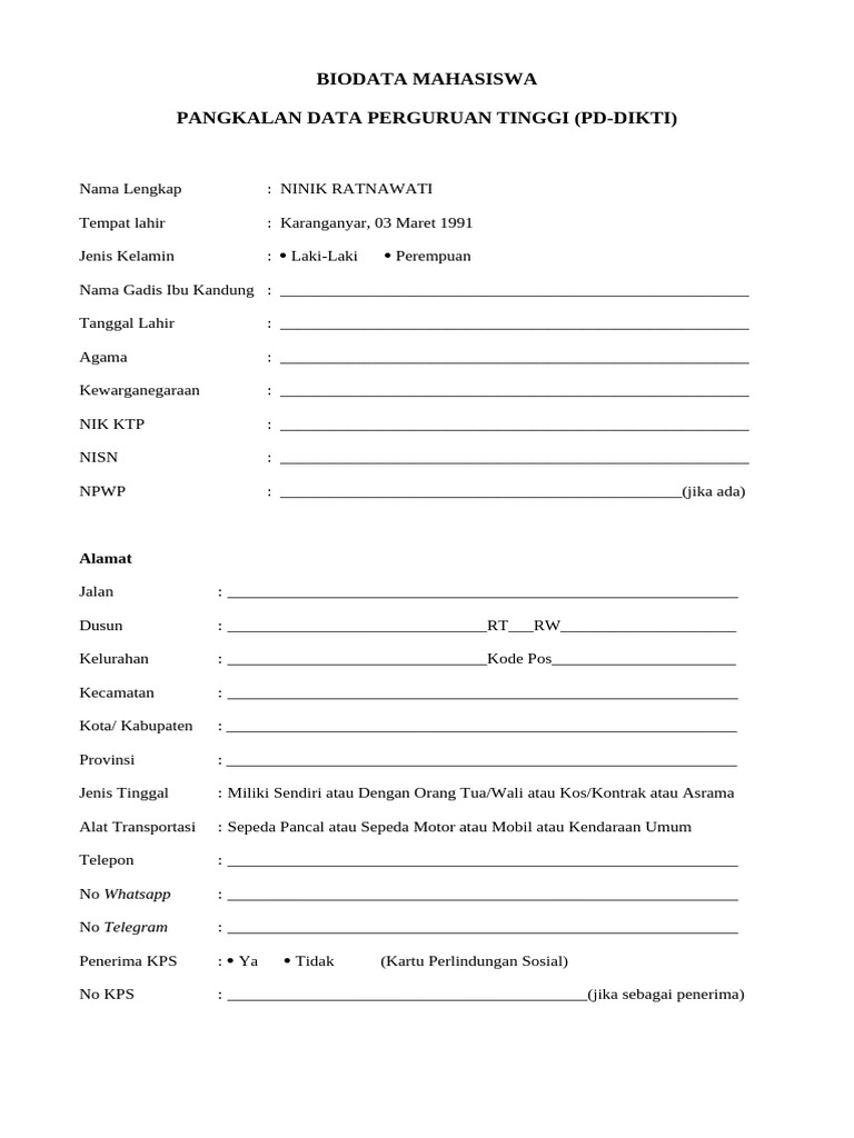 Form Biodata Pd Dikti | PDF
