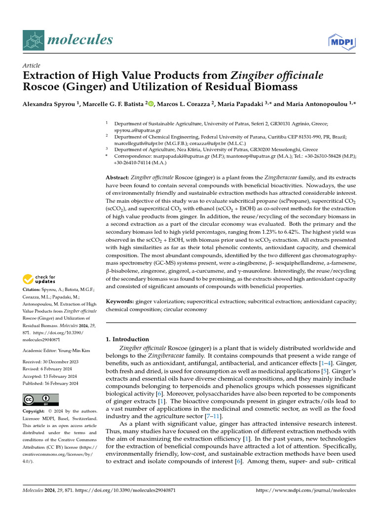 Extraction of High Value Products From Zingiber Officinale | PDF ...