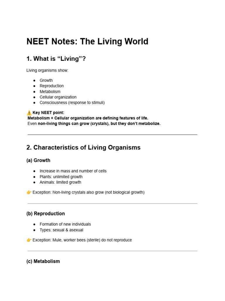 NEET Notes_ the Living World | PDF | Taxonomy (Biology) | Species