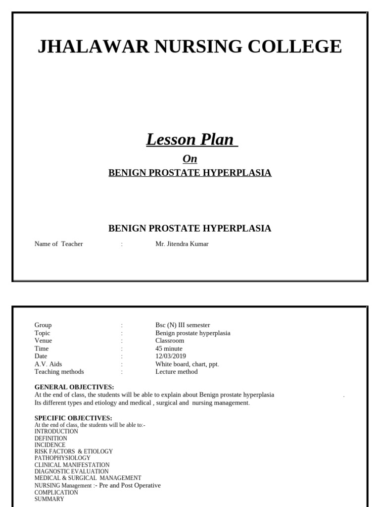 lesson plan of benign prostatic hyperplasia | PDF | Medical Specialties ...