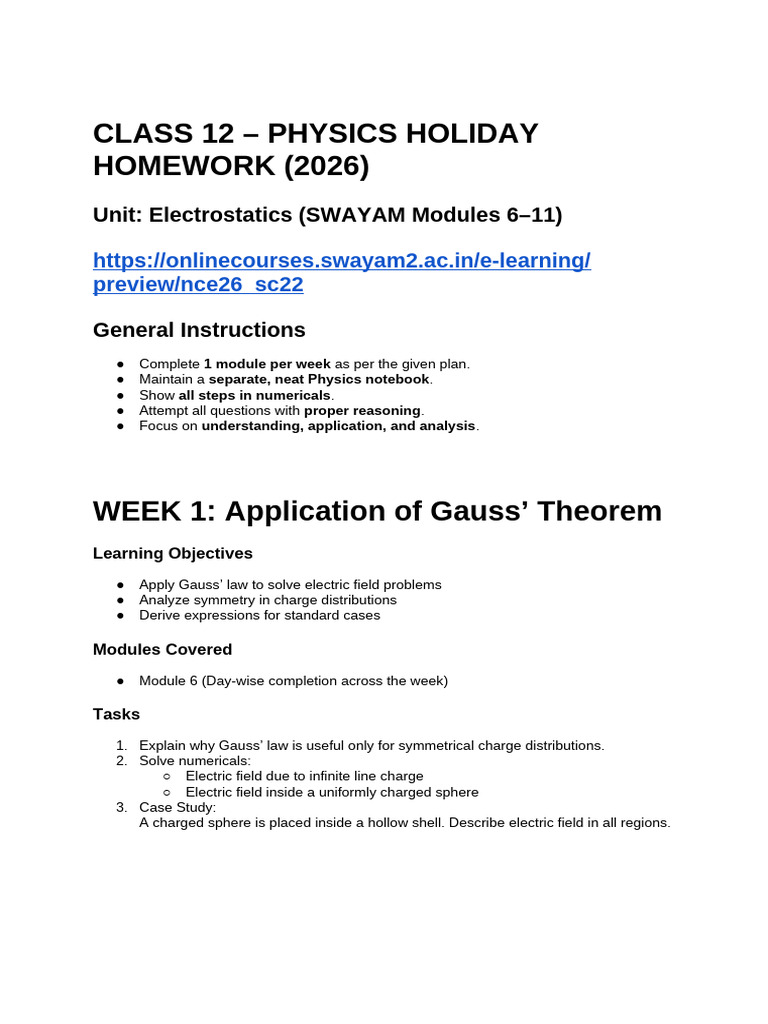 Class 12 – Physics Holiday Homework (2026) | PDF | Capacitance | Capacitor