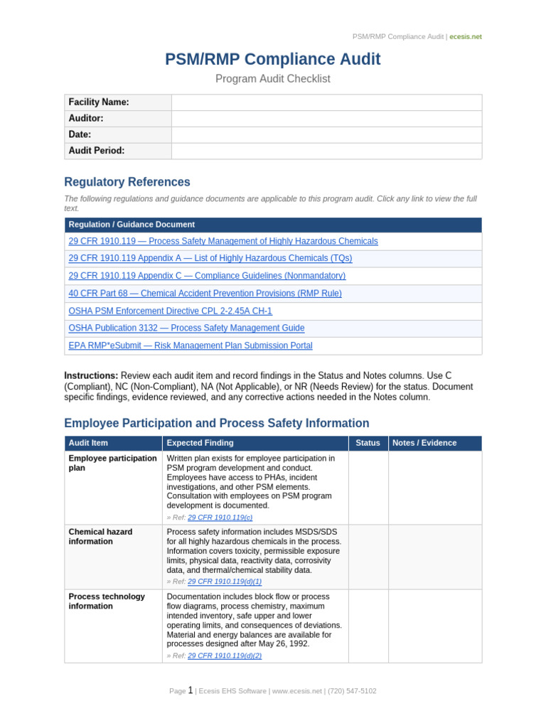 PSM RMP Compliance Audit Checklist (1) | PDF | Safety | Occupational ...