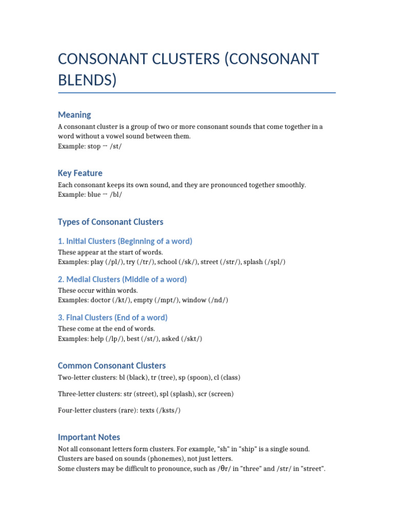 Consonant Clusters Notes | PDF
