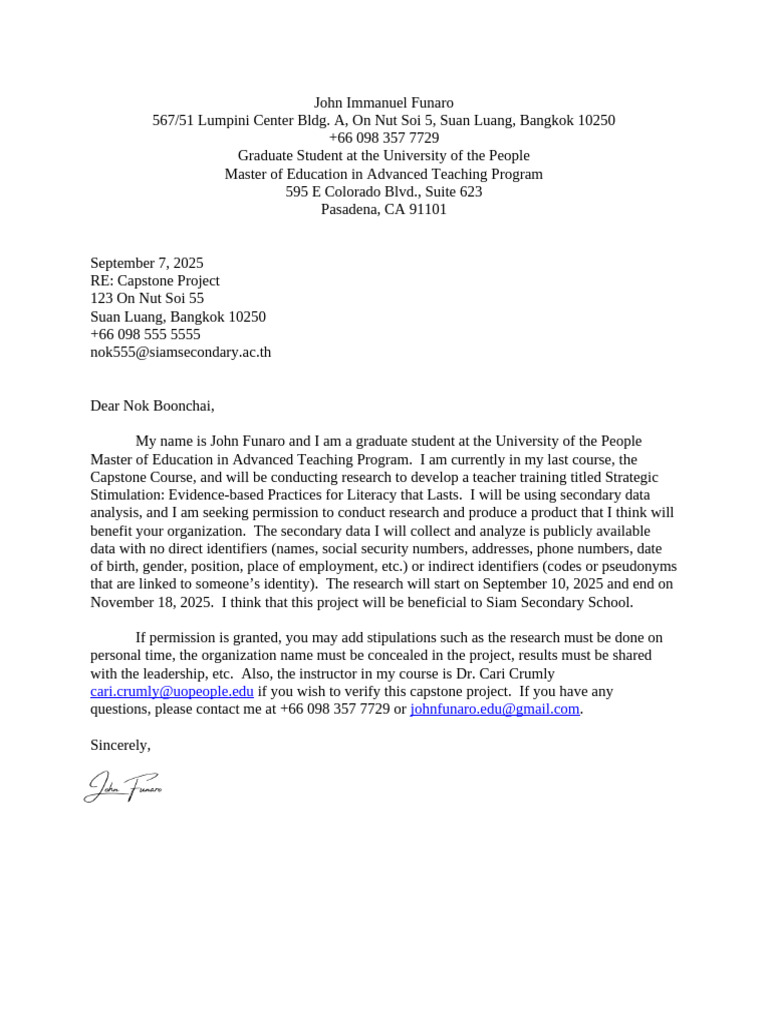 CapstoneFictitiousStudentRequestPermissionSiteLetterTemplate Final | PDF