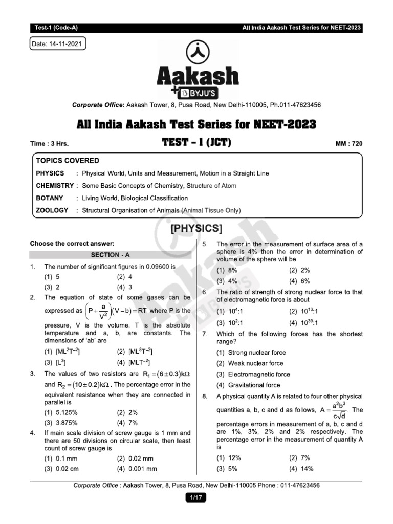 AIATS_JCT-2023 (TYM) Test-01_Code-A_(14-11-2021) | PDF