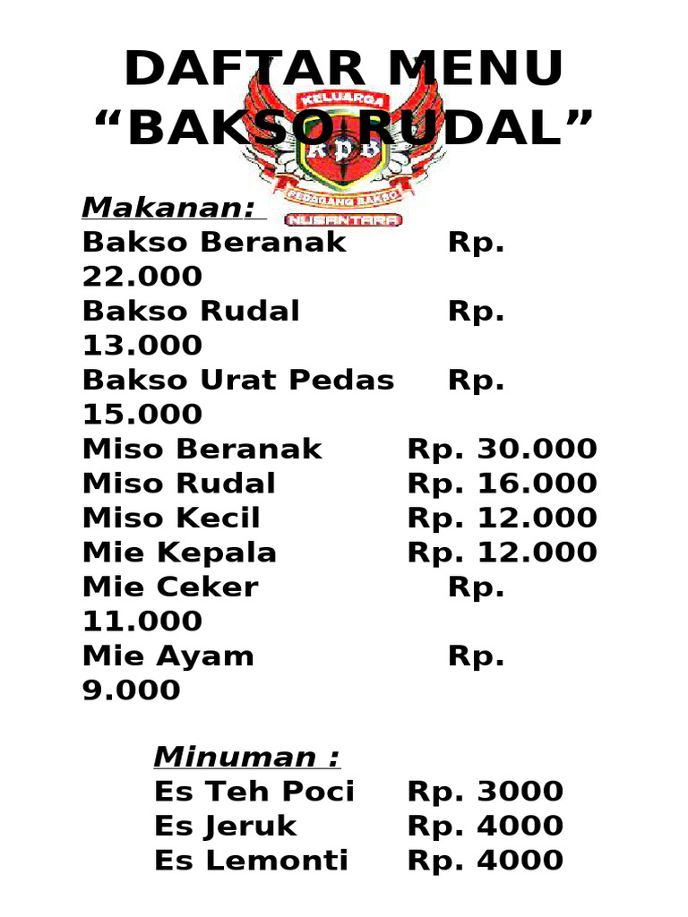 DAFTAR MENU Bakso Rudal | PDF