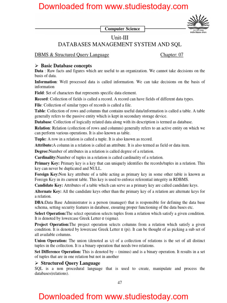 CBSE Class 12 Computer Science DBMS and Structured Query Language | PDF ...