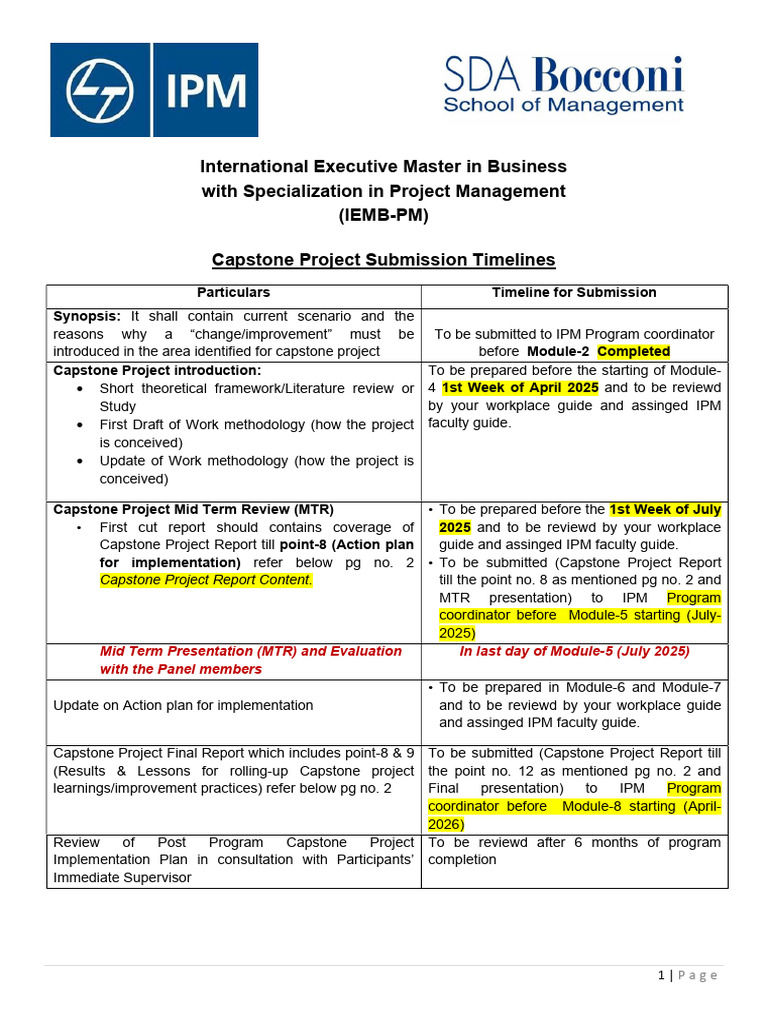 Annexure 6 Capstone Project Submission Timelines (1) | PDF ...