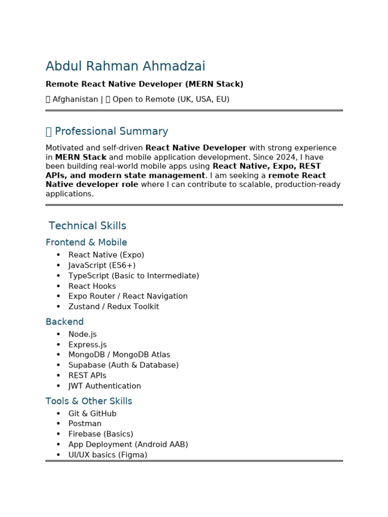 Remote React Native Developer Cv | PDF | Mobile App | Systems Architecture