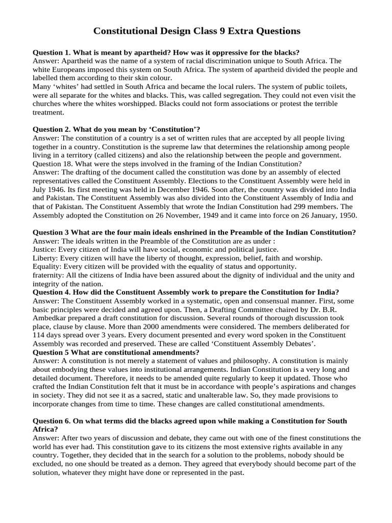 Constitutional Design Class 9 Extra Questions | PDF | Apartheid | Justice