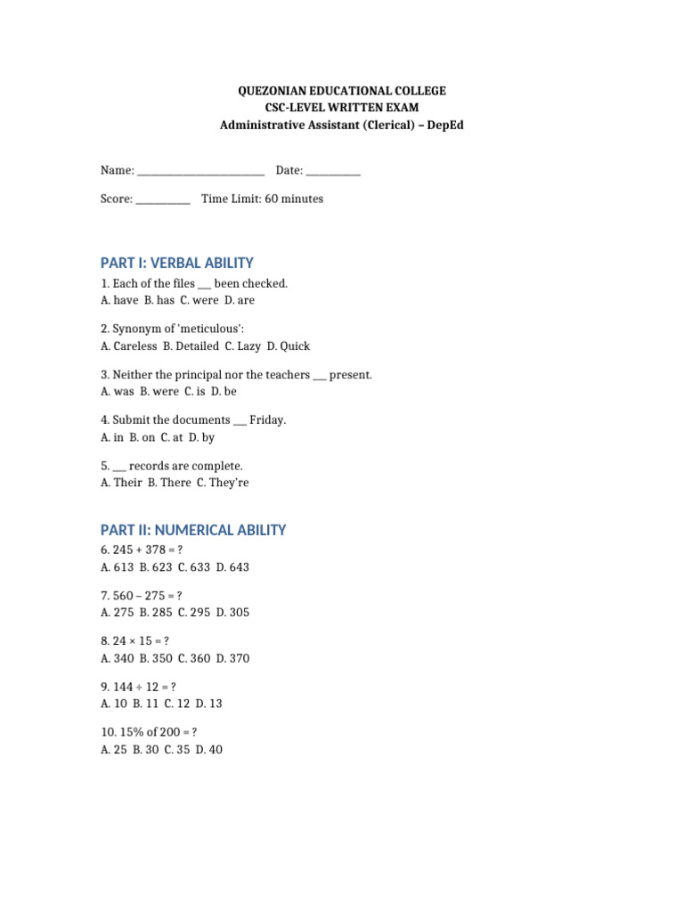 DepEd Clerical Exam Printable | PDF
