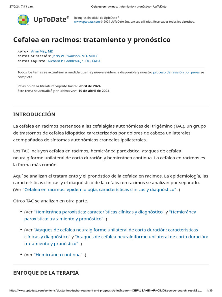 Cefalea en Racimos - Tratamiento y Pronóstico - UpToDate | PDF | Dolor ...