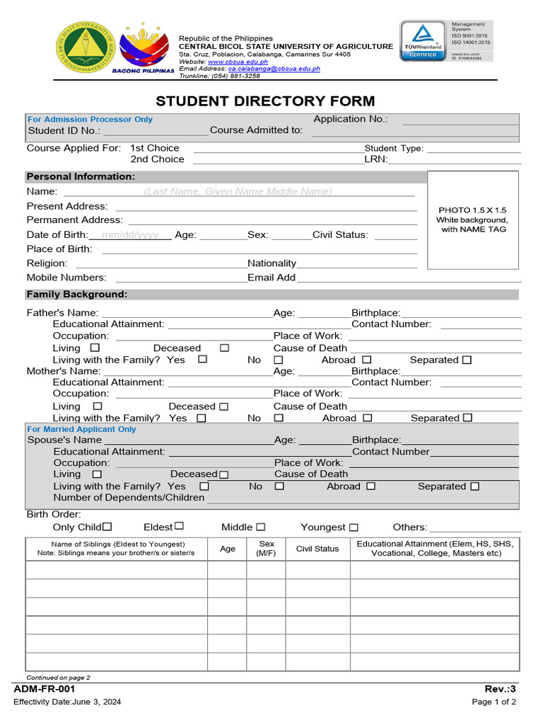ADM FR 001 Student Directory Form CAL | PDF