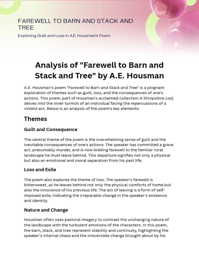 Analysis of Farewell to Barn and Stack and Tree by a.E. Housman ...