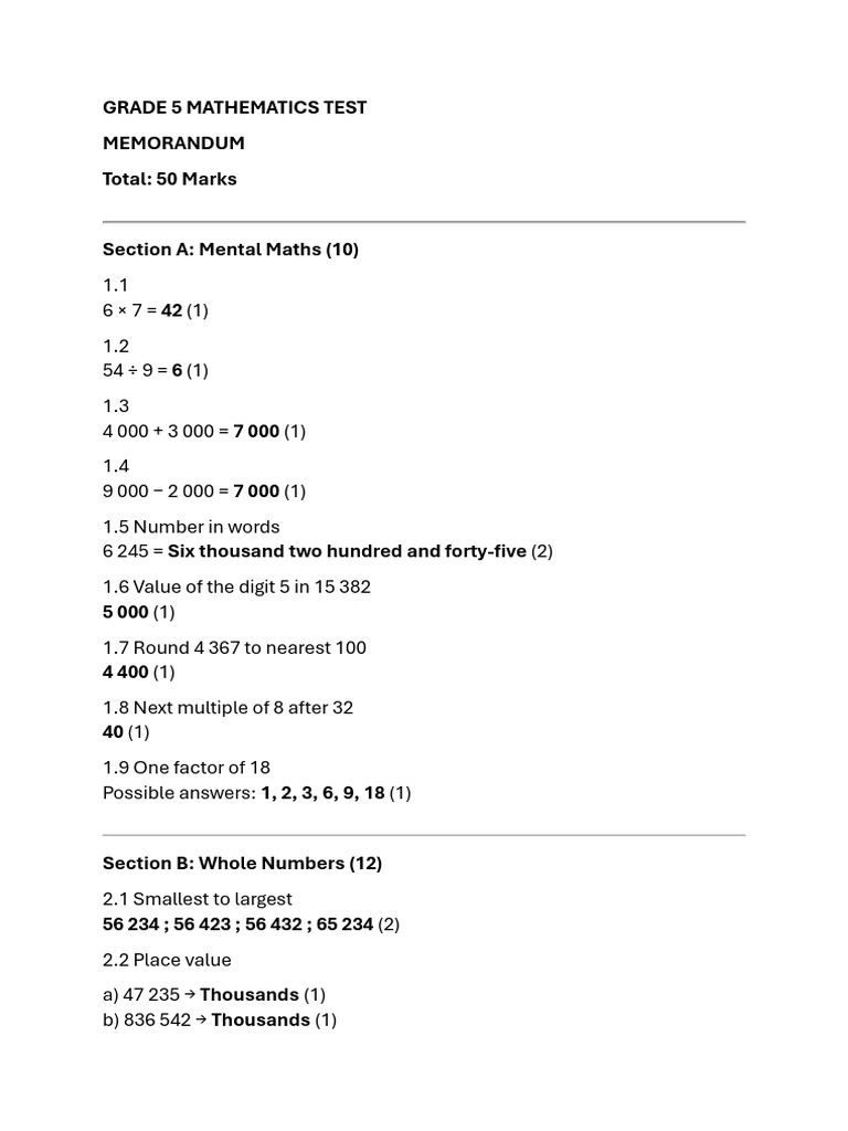 Grade 5 Mathematics Test Memo | PDF
