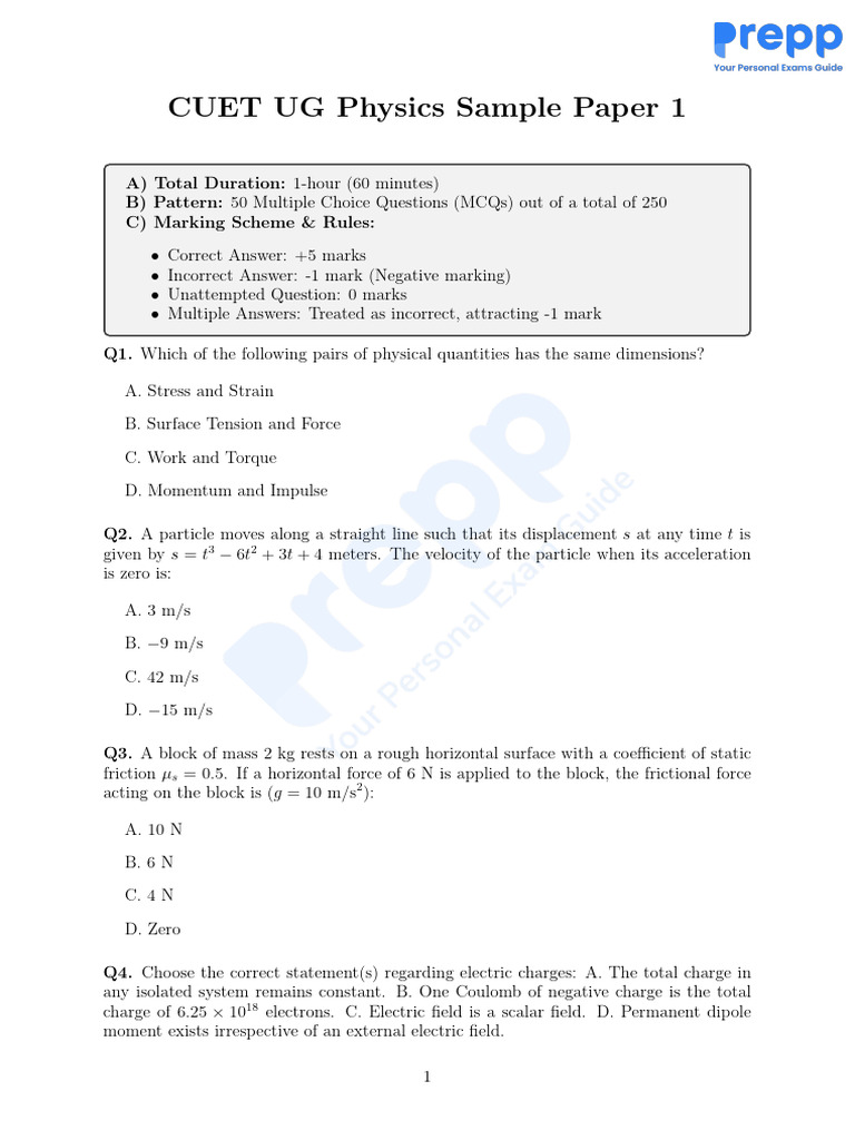 CUET UG Physics Sample Paper 1 | PDF | Force | Friction
