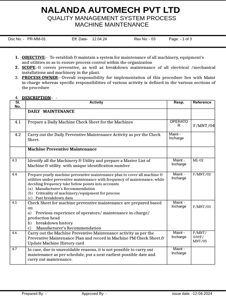 12. Machine Maintenance Procedure | PDF