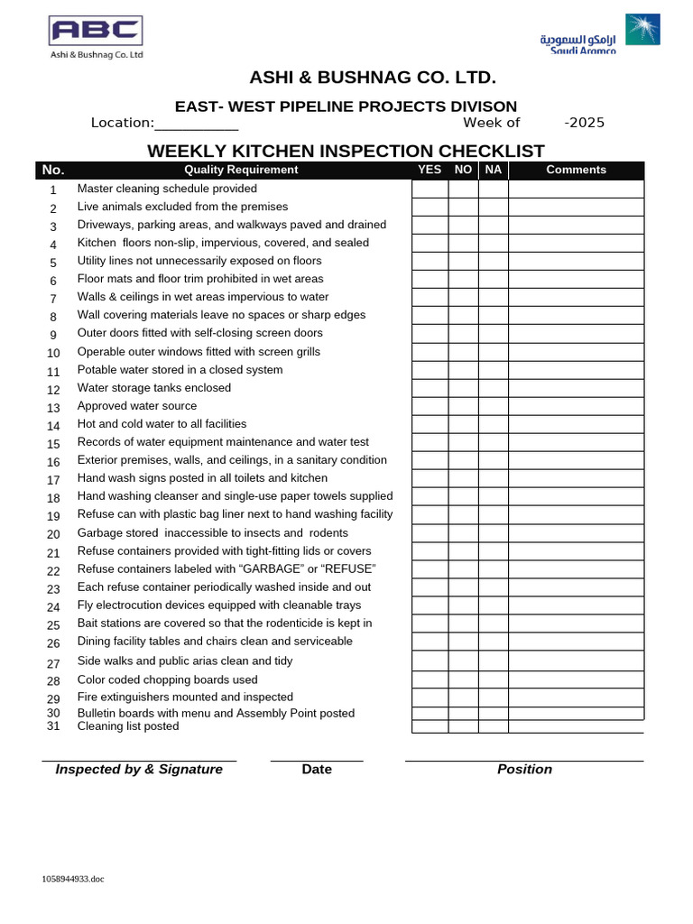 Kitchen Inspection Checklist (Environmental) | PDF
