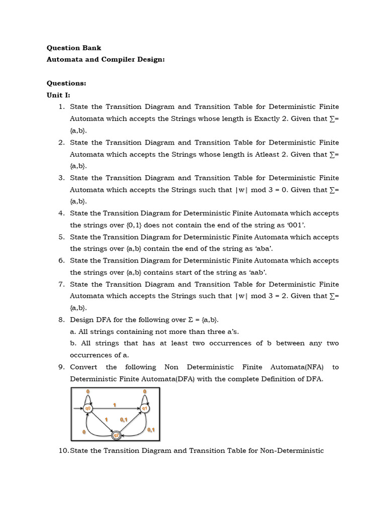Automata and Compiler Design Question Bank | PDF | Automata Theory ...
