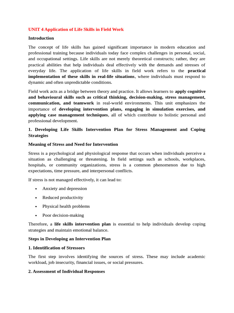 UNIT 4 Application of Life Skills in Field Work | PDF | Stress ...