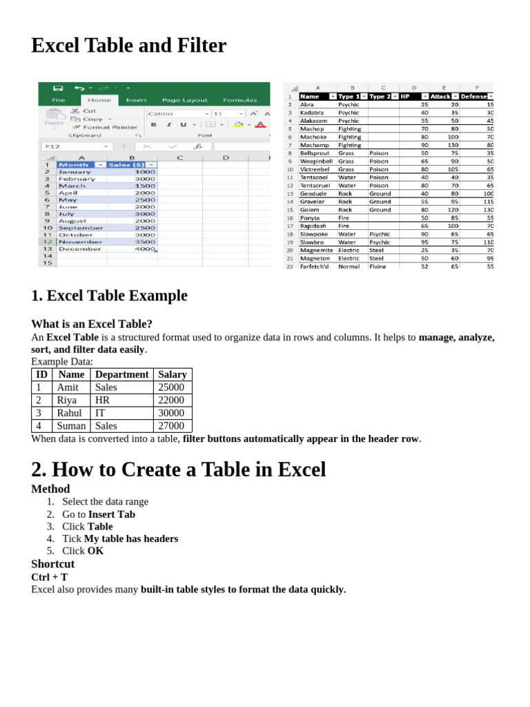 Excel Table and Filter | PDF