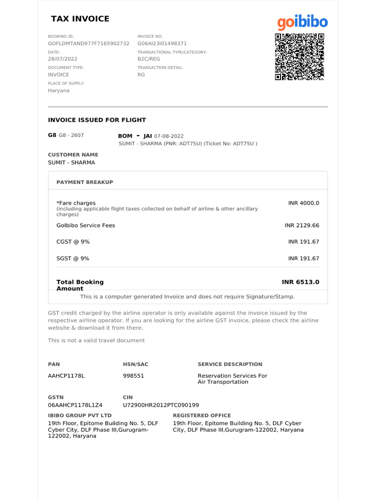 Booking Invoice g06ai23i01498371 | PDF