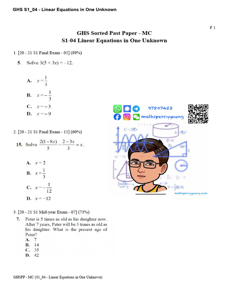 Ghs s1 04 Linear Equations in One Unknown | PDF | Chess Theory | Chess
