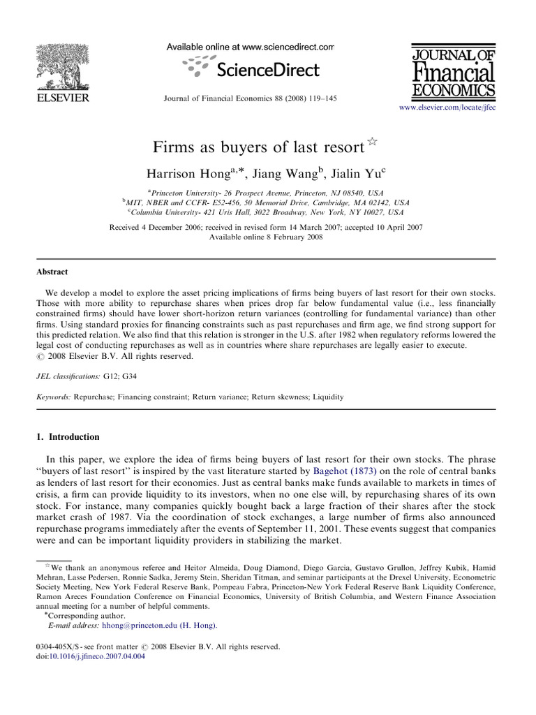 Harrison Hong, Jiang Wang & Jialin Yu (2008) | PDF | Variance | Equity ...