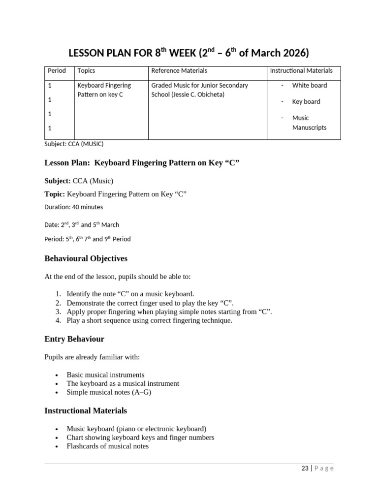 Lesson Plan for 8th Week Jss 2_054545 | PDF | Hand | Teachers