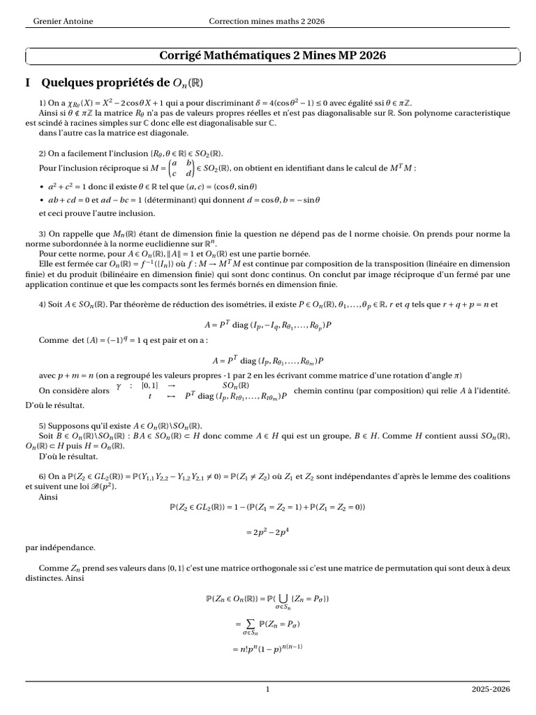 Corrigé Maths2 Mines MP 2026 | PDF | Théories de matrice | Relations ...