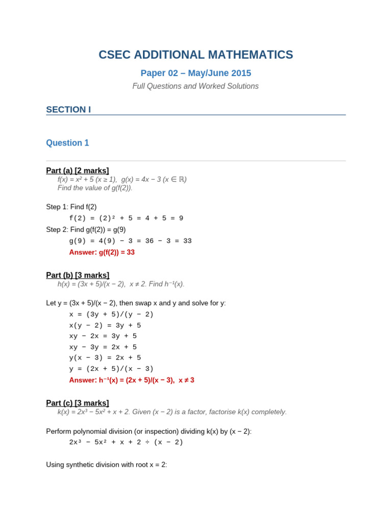 CSEC AddMaths 2015 Solutions | PDF | Quadratic Equation | Mathematics
