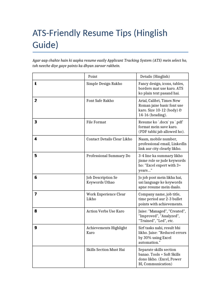 ATS Resume Tips Hinglish | PDF