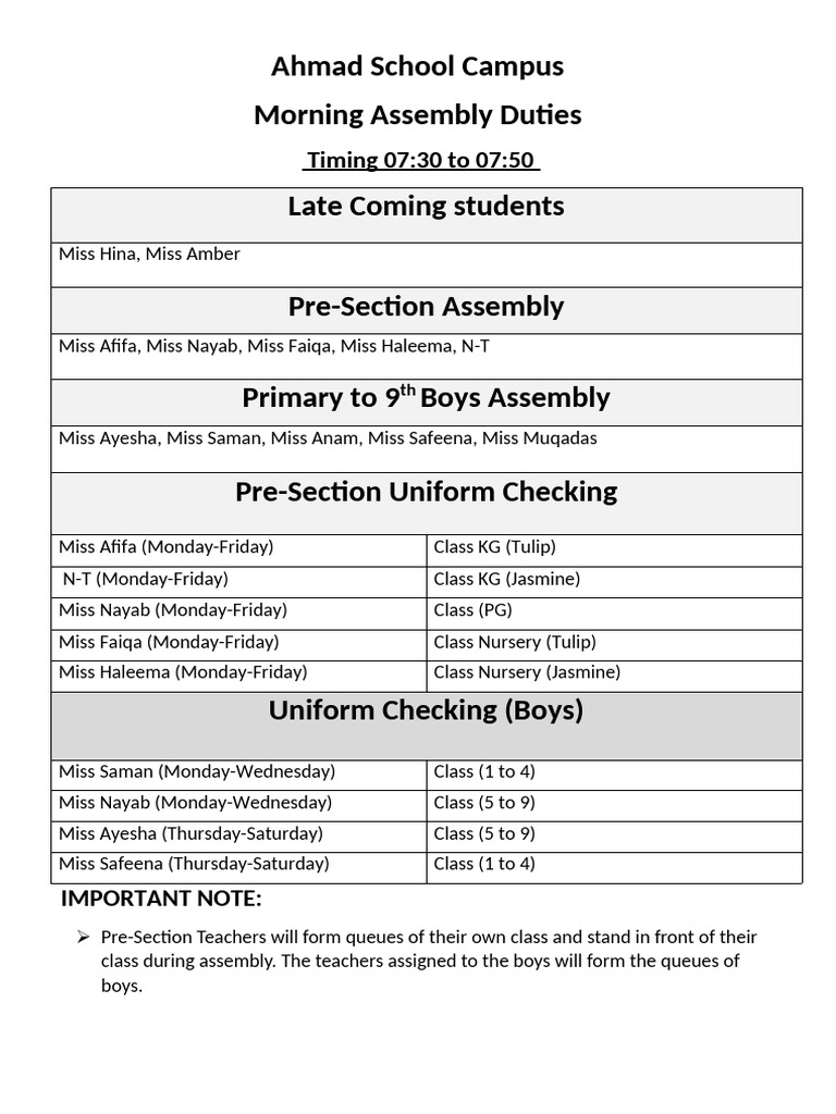 Assembly Duty (Pre Section and Boys) the Savvy School Ahmad Campus | PDF