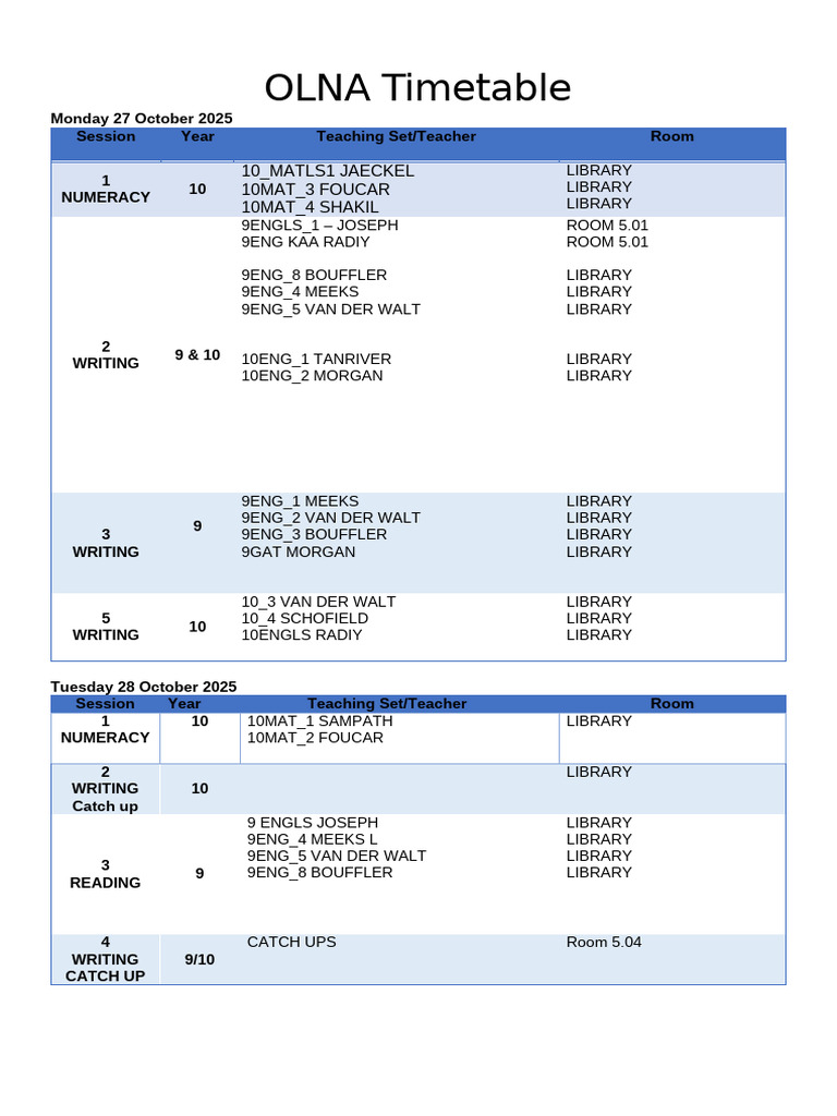 OLNA Student Timetable 2025 | PDF