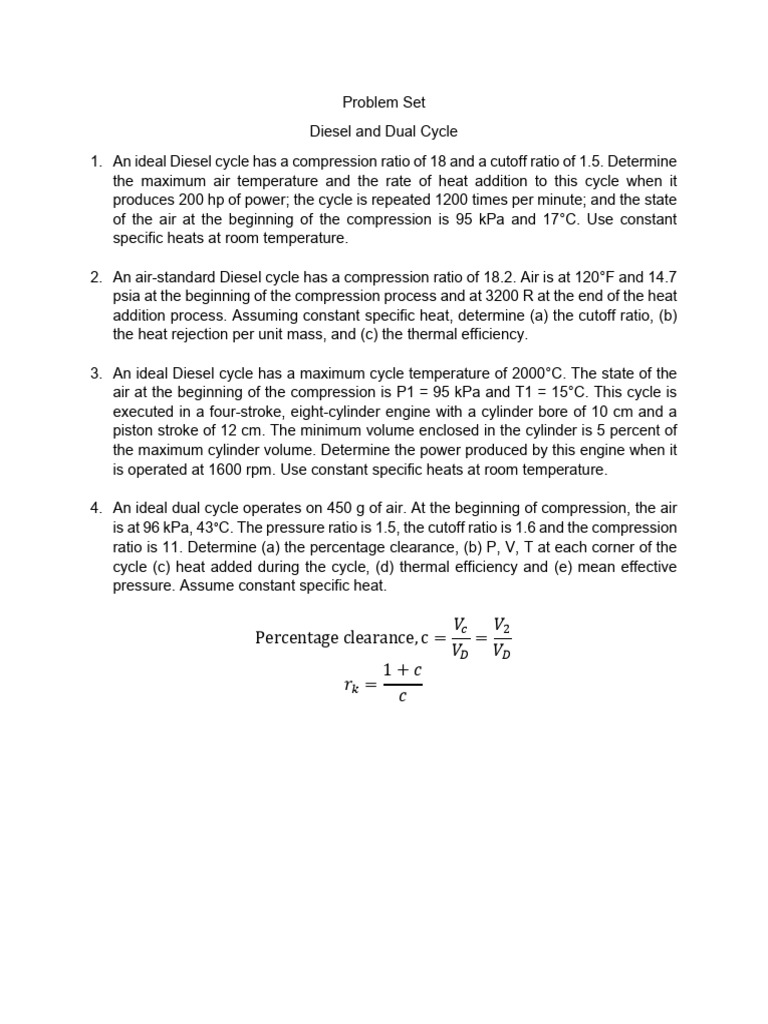 Problem Set in Diesel and Dual Cycle | PDF