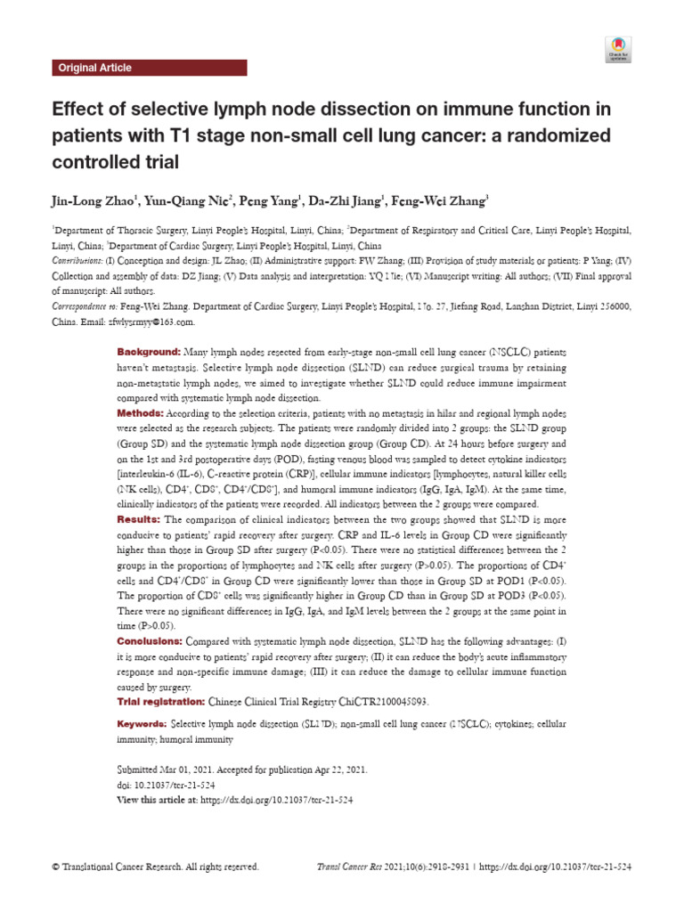 Effect of Selective Lymph Node Dissection on Immune Function in ...