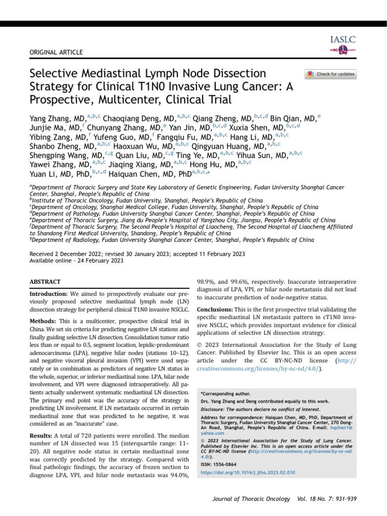 Selective Mediastinal Lymph Node Dissection Strate | PDF | Lung Cancer ...