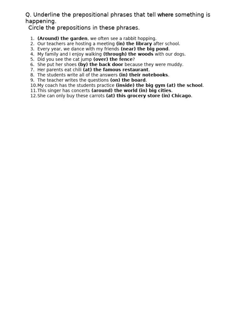 Worksheet Prepositional Phrases - Answer Key | PDF