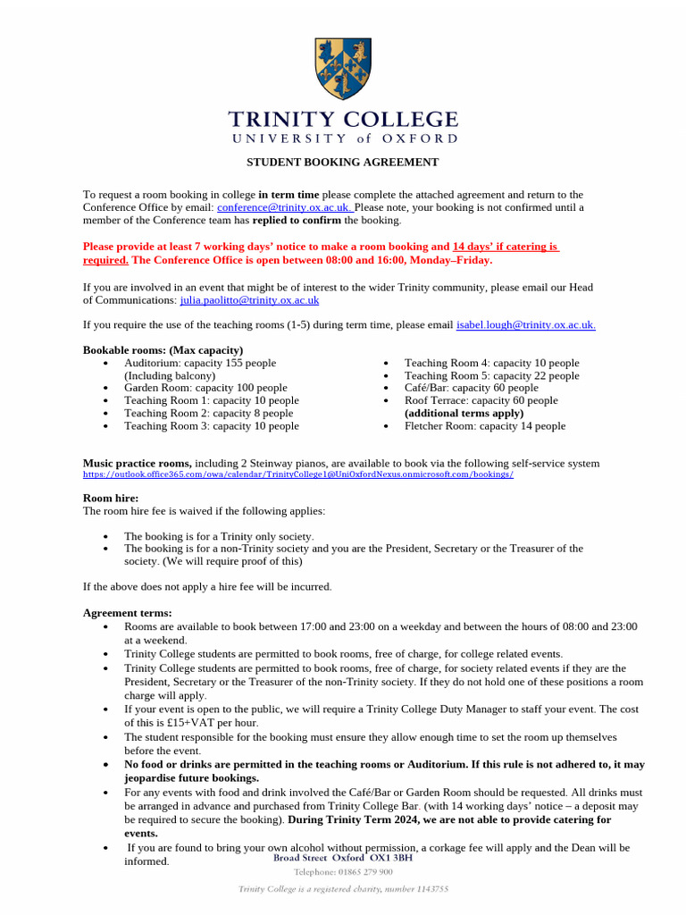 Student booking form Trinity Term 2024 | PDF